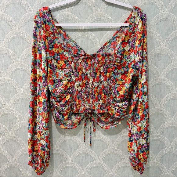 H&M FLORAL DRAWSTRING-FRONT CRÊPE BLOUSE, SZ L NWOT - Picture 7 of 9